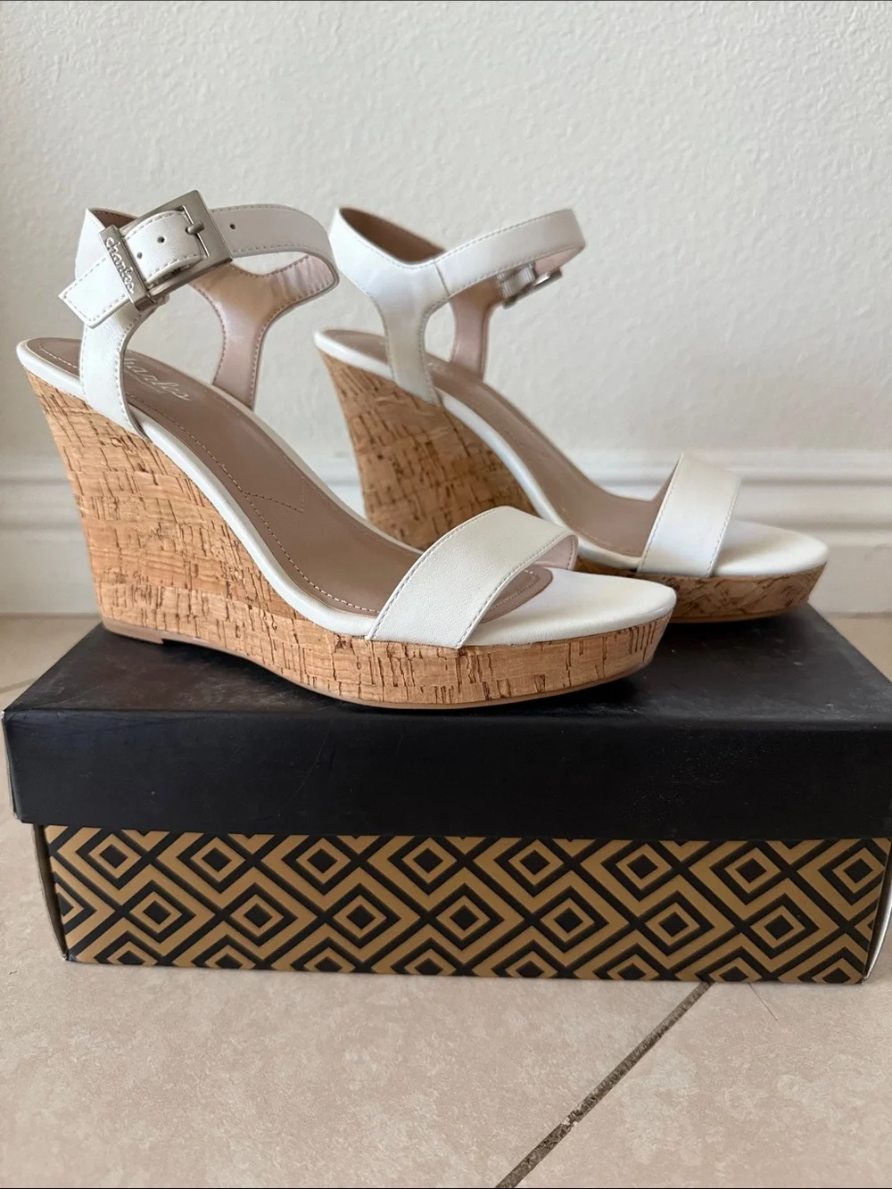 New Charles by Charles David White Cork Wedge Sandals